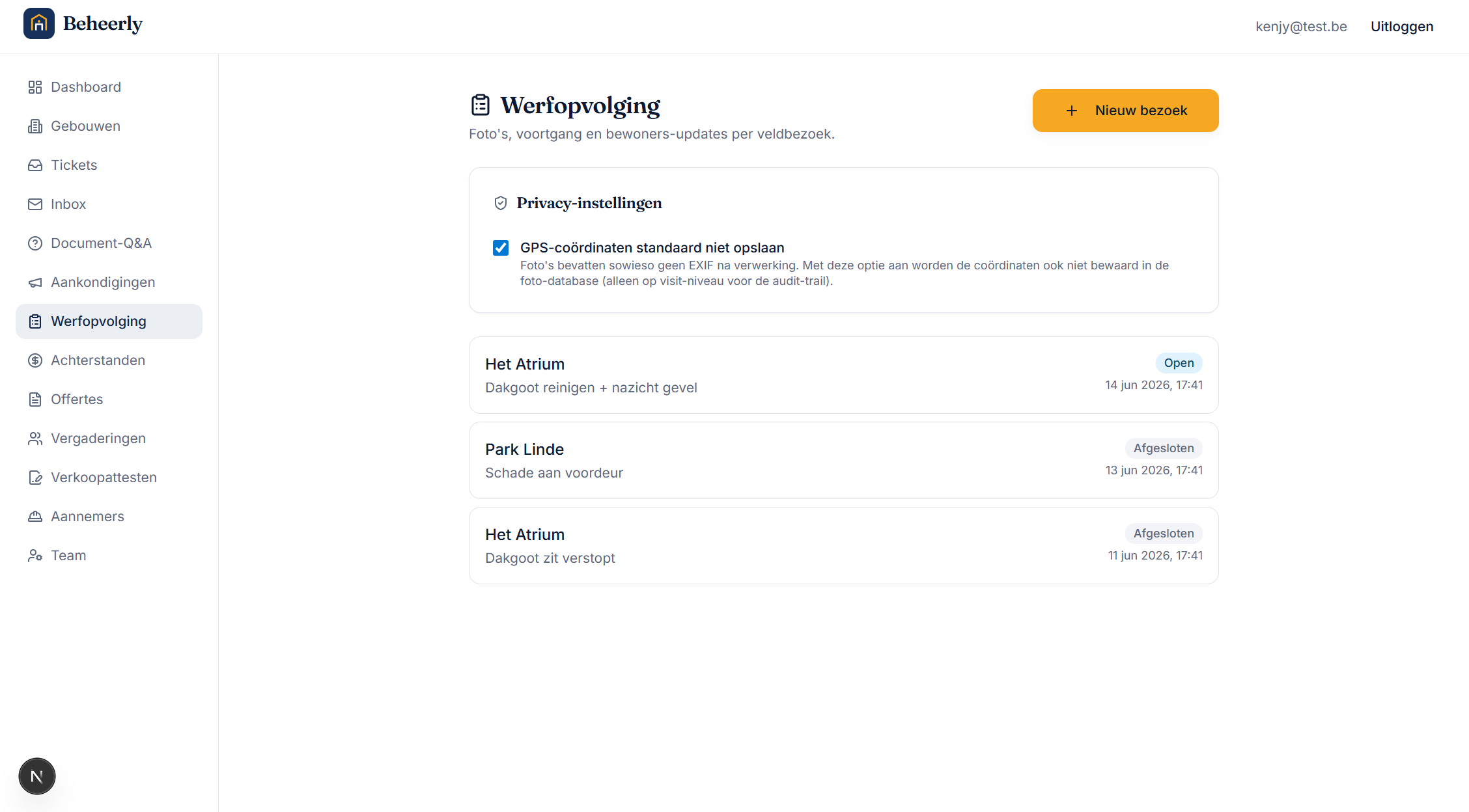 Beheerly-scherm voor werfopvolging met privacy-instellingen en veldbezoeken